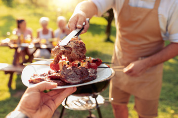 Family grilling meat on a barbecue - obrazy, fototapety, plakaty