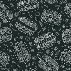 Black Board. Hot Dog and Lettering Seamless Endless Pattern. Many. Restaurant or Cafe Menu Background. Street Fast Food Collection. Realistic Hand Drawn High Quality Vector Illustration. Doodle Style.