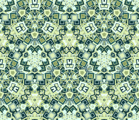 Kaleidoscope abstract seamless pattern, background. Composed of geometric shapes in green. Useful as design element for texture and artistic compositions.