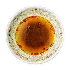 Leftovers spicy noodles in empty bowl isolated on white background. ( Clipping path )