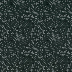 Black Board. Seamless Endless Background Pattern of Different Sausages. Food Collection. Realistic Hand Drawn High Quality Vector Illustration. Doodle Style.
