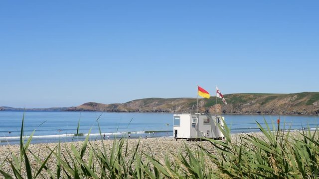 Looking onto a Life Guard hut on Newgale beach