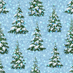 Christmas Holiday Seamless Background, Winter Landscape, Green Fir Trees with White Snow. Vector