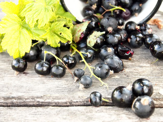 mug with black currant and leaves on a wooden table