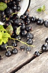 mug with black currant and leaves on a wooden table
