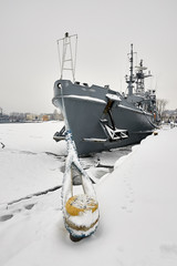 Small war ship in the winter port