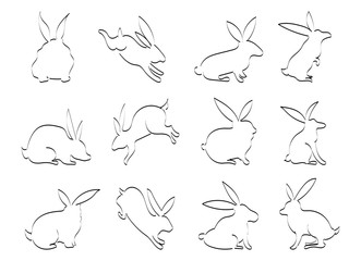 isolated doodle black rabbit outline icons on white background