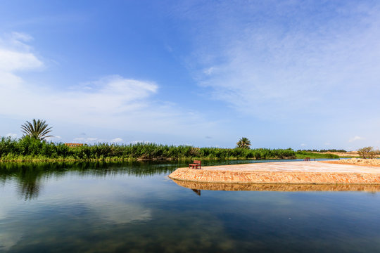 Empty wooden park bench overlooking a lake or in Salalah, Sultanate of Oman.