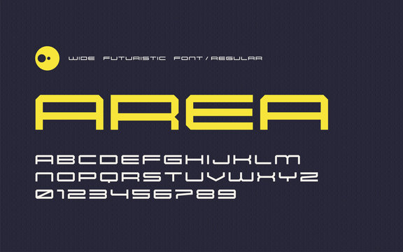 Vector regular futuristic display font, modern wide typeface, up