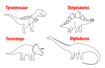 Set of dinosaurs - stegosaurus, diplodocus, triceratops, tyrannosaurus t-rex . Coloring page black line, contour. © Simeonn