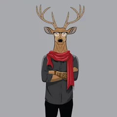 Gordijnen Hipster deer with glasses and scarf. Anthropomorphic illustration, fashion animals © envastudio
