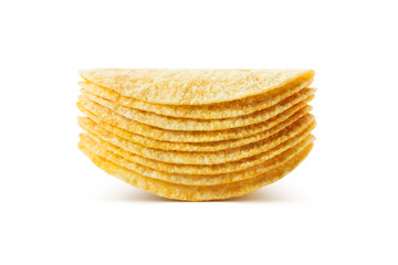 Stack of delicious potato chips, isolated on white background