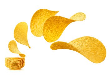 Flying potato chips, isolated on white background