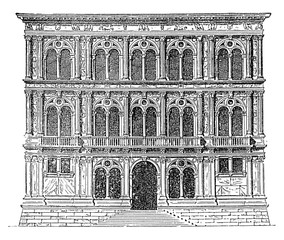 Naklejka premium palace Ca' Vendramin Calergi on the Grand Canal at Venice, built in XV century in Renaissance style , vintage engraving