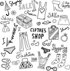 Vector Doodle signs and symbols on the theme of shopping and sales.