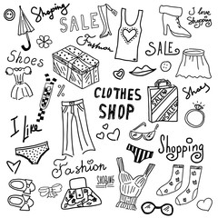 Doodle signs and symbols on the theme of shopping and sales.