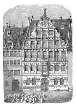  Peller House in Nuremberg, built in 1602-07 in Renaissance style, vintage engraving. Damaged in World War II, rebuilt with a modern facade.