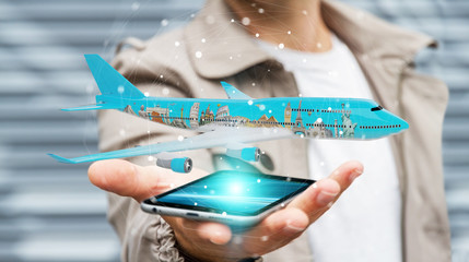 Businessman with plane and famous landmarks of the world 3D rendering