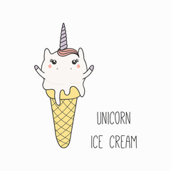 Hand drawn vector illustration of a kawaii funny ice cream cone with unicorn horn, ears, with text. Isolated objects on white background. Line drawing. Design concept for cafe menu, children print.