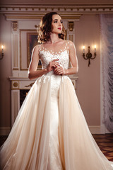 Sensual brunette bride in luxury wedding dress over classic interior, fashion beauty portrait