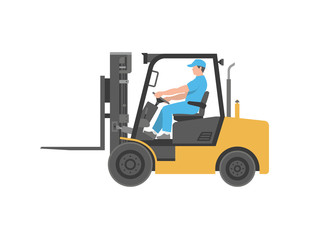 Man driving a forklift. flat style. isolated on white background