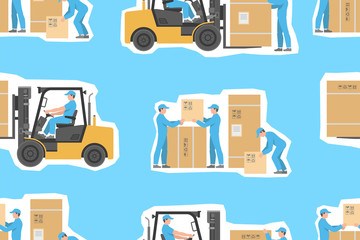 seamless pattern with Forklift truck and Warehouses workers. flat style. isolated on blue background