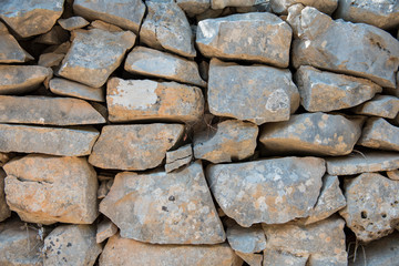 Old stone dry wall as background. Stone surface. Dry stack, traditional construction.