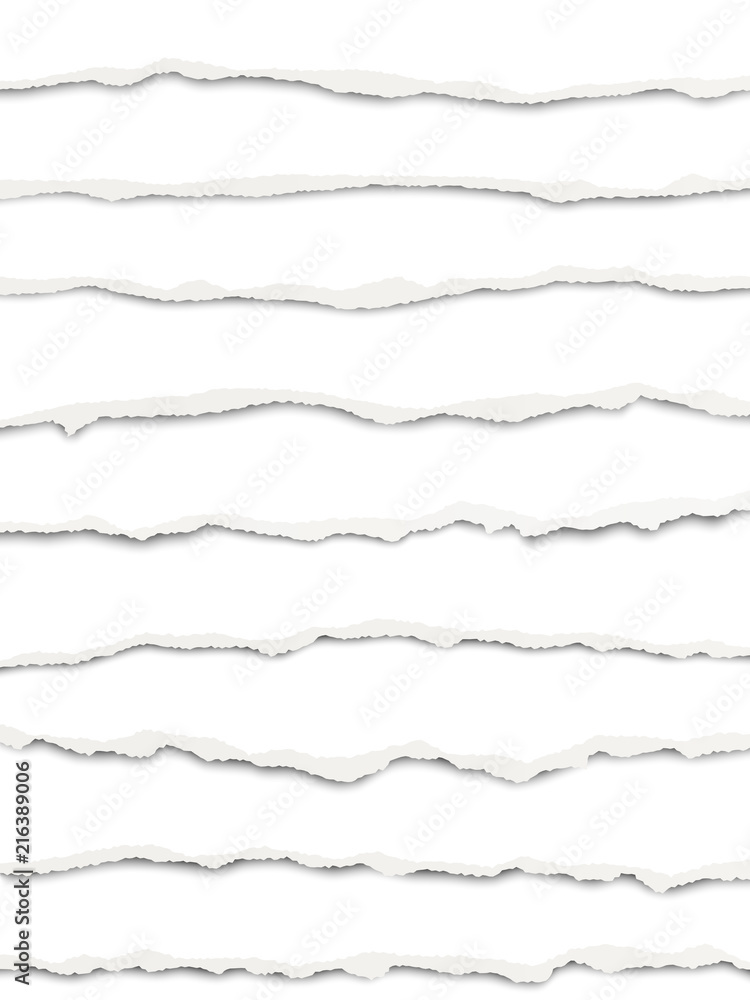 Wall mural layered oblong torn white paper fragments placed one under another with soft shadow. vector paper te