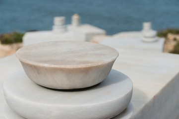 Gijon, Asturias, Spain. Summer of 2017. Sculpture of the marbles in the coastline.
