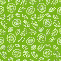 Kiwi seamless pattern. Hand drawn fresh tropical fruit. Vector sketch background. Color doodle wallpaper. Green print