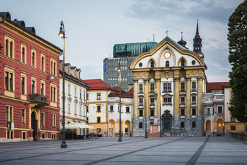 Fototapeta na wymiar Ursuline Church of the Holy Trinity on the Congress Square in Ljubljana, Slovenia