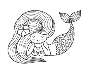 Dreamy lying mermaid with long curly hair. Vector outline illustration for coloring book.