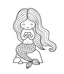 Beautiful mermaid with long hair, sitting ona a rock. Siren. Vector outline illustration for coloring book.