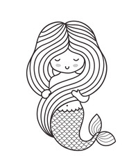 Gorgeous princess mermaid, holding her hair. Outline graphic illustration.