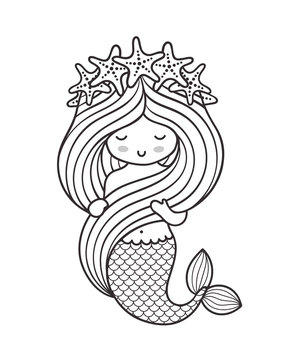 Mermaid with a wreath of starfish, holding her long beautiful hair. Siren. Outline graphic illustration.