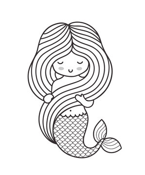 Gorgeous princess mermaid, holding her hair. Outline graphic illustration.