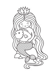 Princess mermaid with big fish, sitting on a rock. Cute cartoon character. Vector illustration for coloring book.