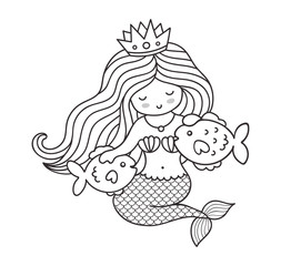 Mermaid, sitting on a seabed, with two little fish. Cartoon characters. Illustration fot print, coloring book, card and poster.