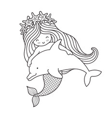 Mermaid in a wreath of starfish, floating with a dolphin. Vector outline illustration, sketch, doodle.