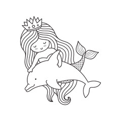 Little mermaid, floating with dolphin. Cute cartoon characters