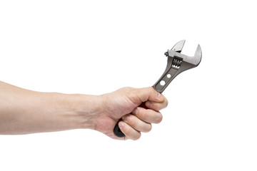 Man's hand holding  wrench isolated over white. The hand holds a wrench on white .background