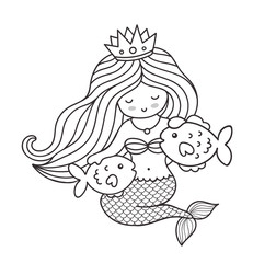 Mermaid with fish. Cute little princess. Vector outline illustration.