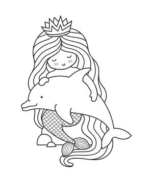 Mermaid with long beautiful hair, sitting on a rock, holding dolphin. Siren. Outline illustration.
