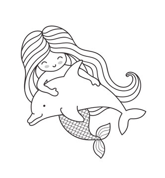Mermaid, swimming with cute dolphin. Cartoon character. Vector outline illustration