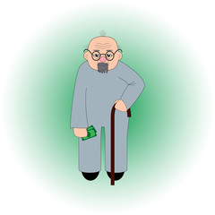 old man with glasses and a beard stands with a cane in one hand and money in the other hand.