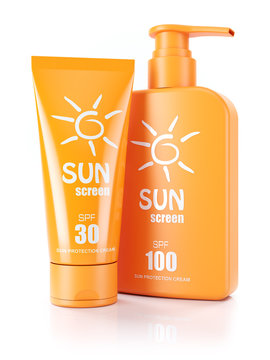 Orange sunscreen bottle and tube