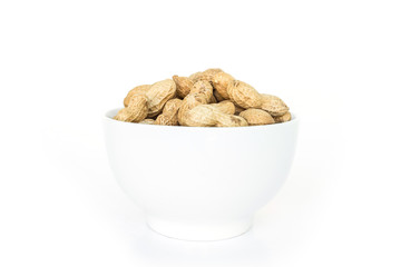 peanut pile in white bowl on white background