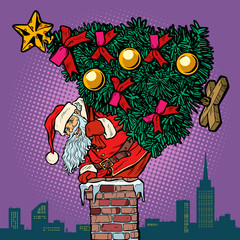 Santa Claus with a Christmas tree climbs the chimney