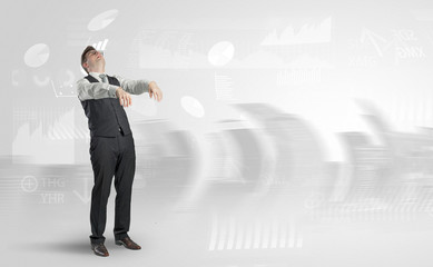Young elegant businessman with city and report dream concept