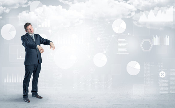 Workaholic businessman dreaming about his work, report, graphs and charts
